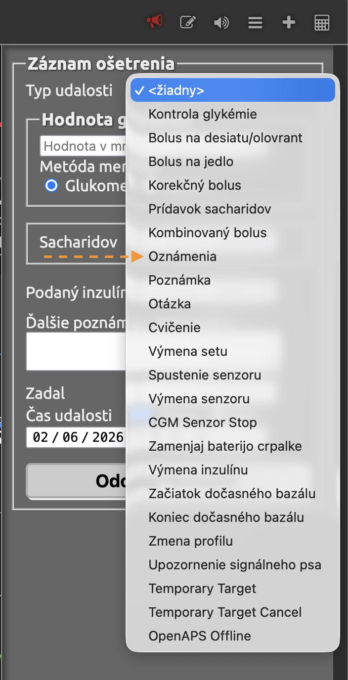 Formulár záznamu ošetrenia s výberom typu udalosti Oznámenia